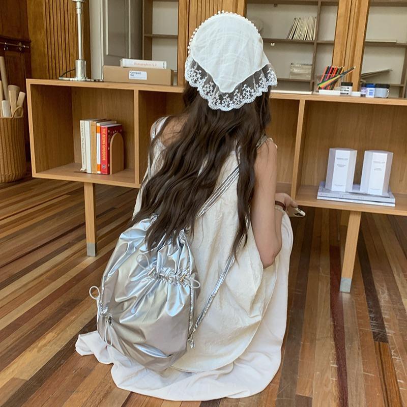 Korean Ins Niche Design Drawstring Pleated Silver Backpack for Women Commuting Versatile Casual Small Backpack