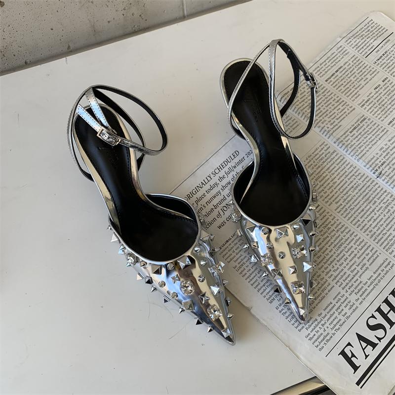 Mode Nieten Strass Stilettoabsätze Feenstil Bratze Zehensandale Knöchelriemen Einzelner Schuh Spitze Mode Halbslipper