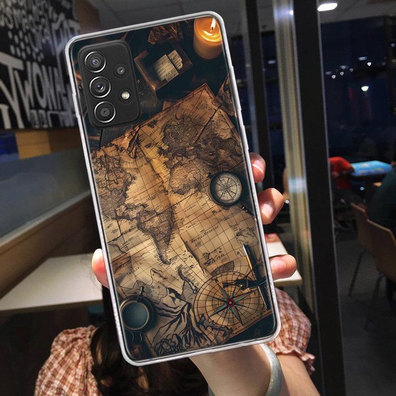 Compass Map Voyage Phone Case for Samsung A54 A57 A37 A17 A14 A15 A12 A24 A34 A55 A35 A25 A52S A07 A05S A04S A22 A32 A72 Galaxy