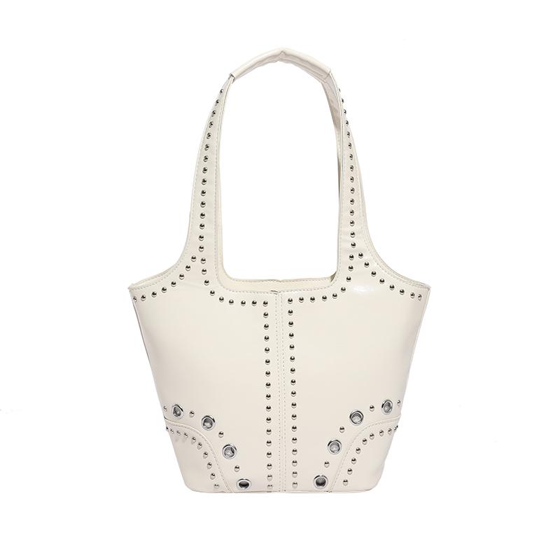 2025 Autumn & Winter New Glossy PU Bucket Large Capacity Shoulder Bags Solid Zipper Super Cool Exquisite Rivets Women's Handbags
