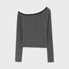European Style Gray Striped Off-Shoulder Long-Sleeve T-Shirt for Women - Early Autumn 