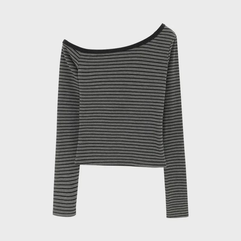 European Style Gray Striped Off-Shoulder Long-Sleeve T-Shirt for Women - Early Autumn 