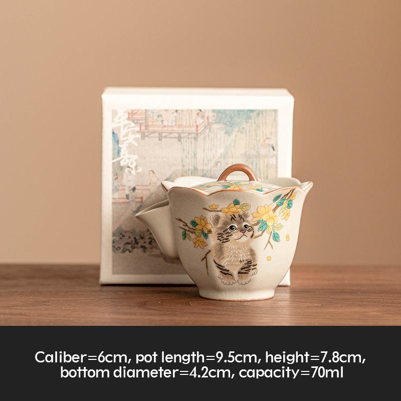 Chinese Tradition Ru Kiln Ceramic Tea Cup Hand-painted Cute Cat Flower Tea Bowl Handmade Teacup Exquisite Household Tea Set Gift