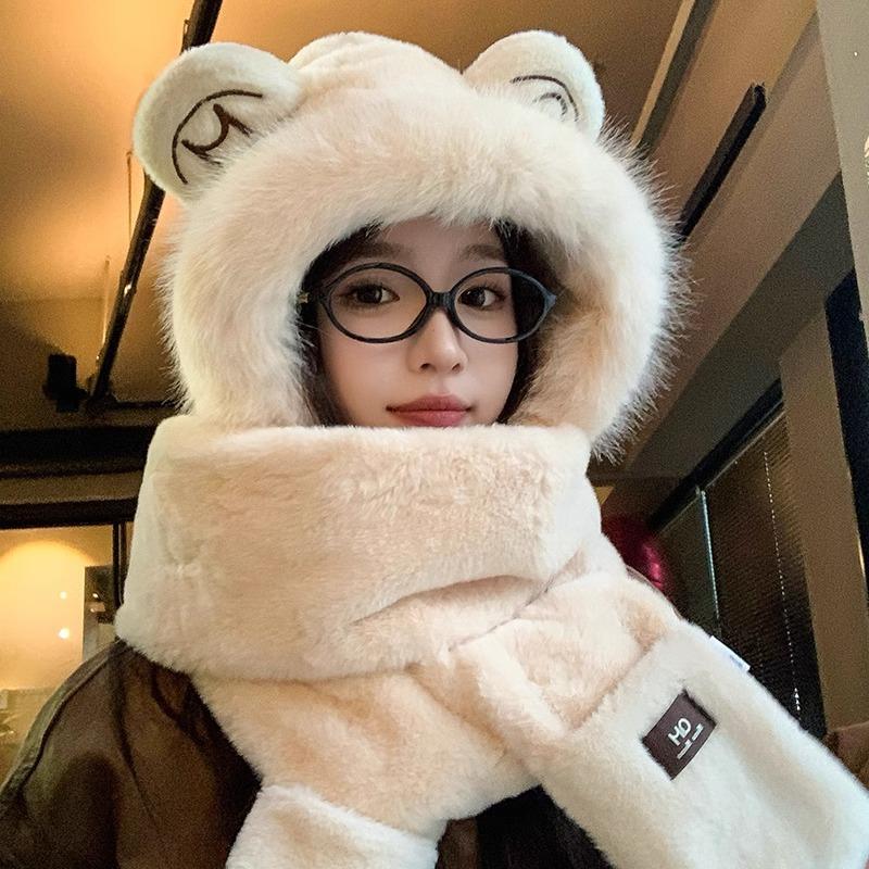 2025 Bear Plush Hat Scarf Integrated Women's Season Cute Northeast Warm Gloves Three-piece Set