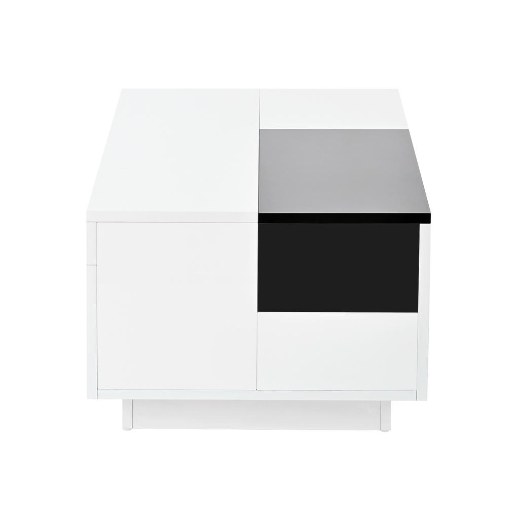 High-Gloss Coffee Table with LED Lighting, Extendable Black-and-White Tabletop, Hidden Storage and 16-Color Adjustable Light Strip