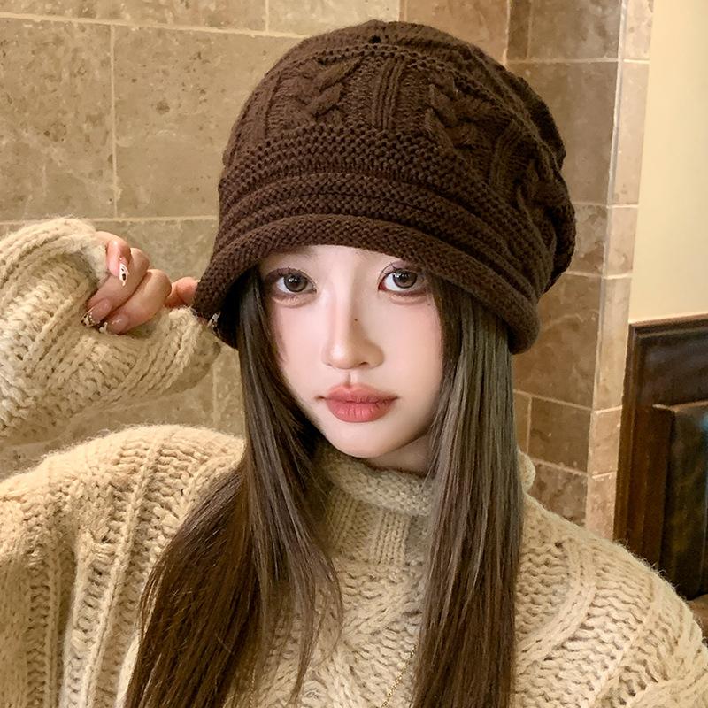 Curled Baotou Knitted Hat Women's Autumn and Winter Large Head Circumference Warmth Ear Protection Pile Hat Face Revealing Small Woolen Hat