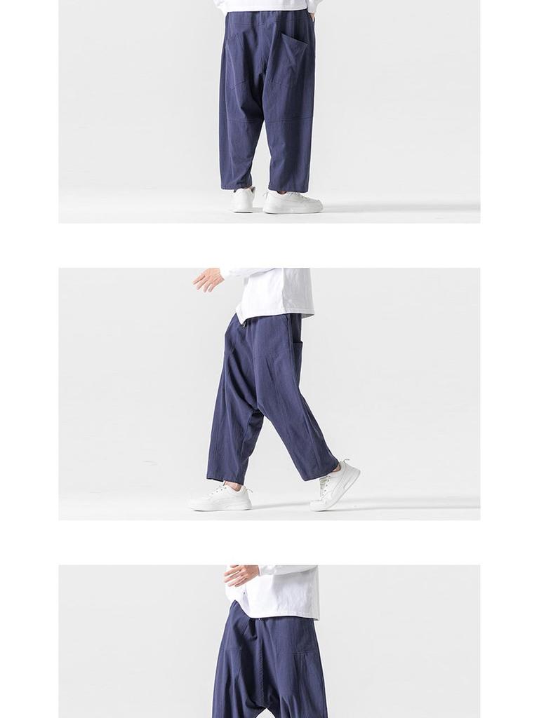 2024 Autumn/Winter Men's Cotton Linen Harem Pants - Chinese Style Patchwork, Casual Wide-Leg