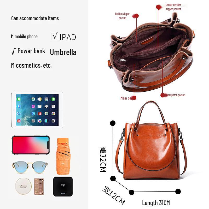 2025 Cowhide Women's Versatile Handbag, Genuine Leather Commuter Shoulder Bag - European/American Style, Large Capacity, High-End Feel