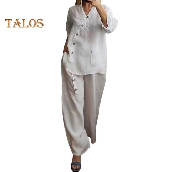 Ensemble chemisier et pantalon 2 pièces, col en V, boutons décoratifs, manches trois-quarts, haut, jambe large, taille élastique, pantalon OL, tenue décontractée pour la maison