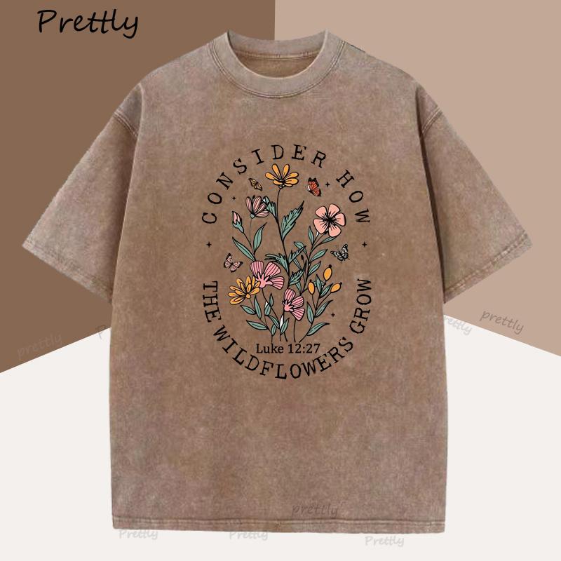 Consider How The Wildflowers Grow T Shirt Woman Cotton Floral Christian TShirt Faith Bible Verse Tshirt Religious Clothes S