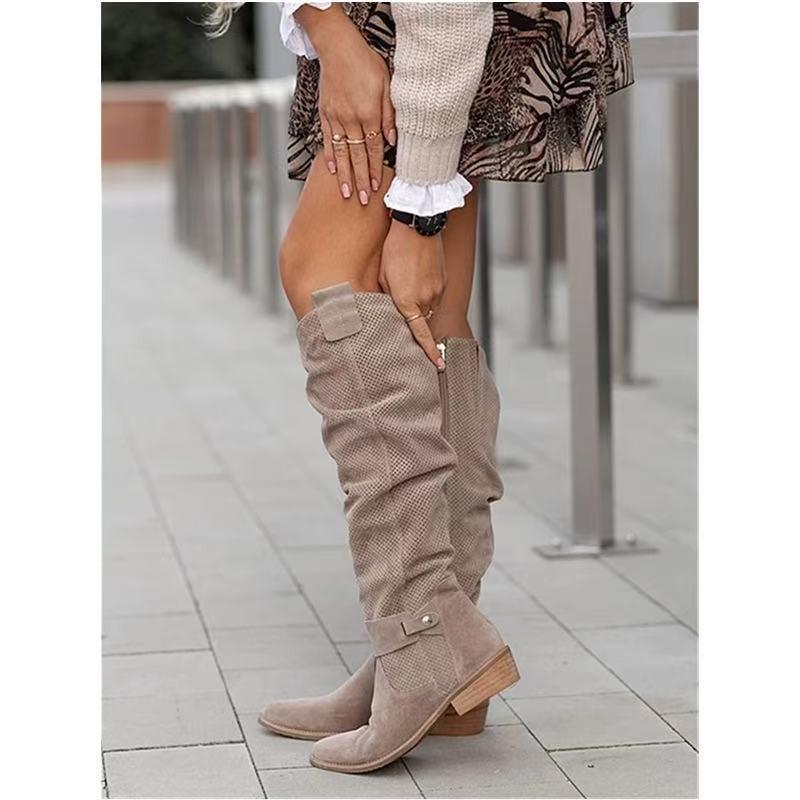 Womens Casual Low Heel Tall Boots Side Zip Floral Cutout Size 40-43