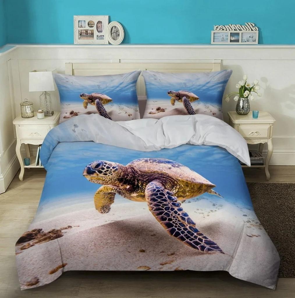 3D Sea Turtle Beddings Set Ocean Duvet Cover Set Teal Mediterranean Style Duvet Cover Queen King Twin Size Bedroom Decoration
