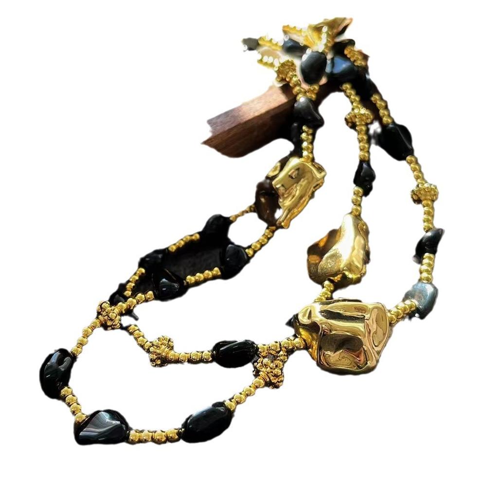Vintage High Quality Natural Black Agate Design Sweater Chain Necklace Collarbone Chain