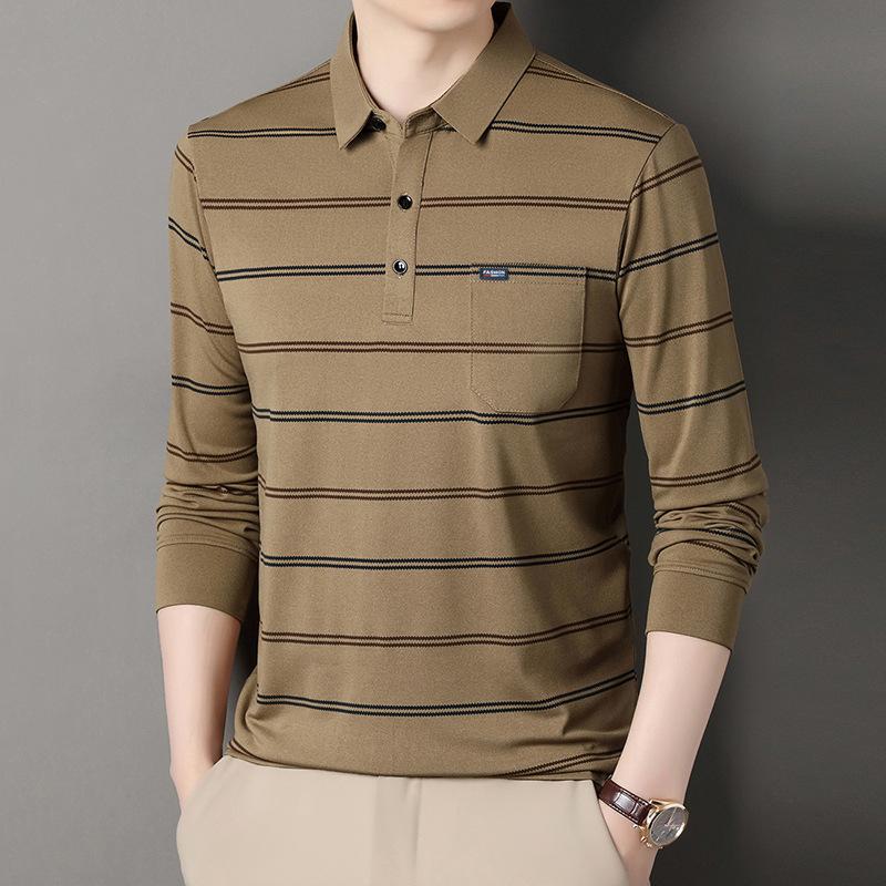 Spring And Autumn High-End Business Casual Polo Shirt For Middle-Aged Men Turn-Down Collar Long Sleeve Striped Versatile T-Shirt For Men