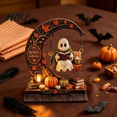 Crescent Moon Ghost Ornament Swinging On Halloween Decoration Spooky Reading Ghost/Skeleton Wooden Bookshelf Unique Table Centerpiece for Home Nook,