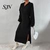 Ribbed Sweater Dress Women Knit for Fall Winter, Long Sleeve with Elegant Dresses Side Split, Solid Color Casual Collared V Neck Midi