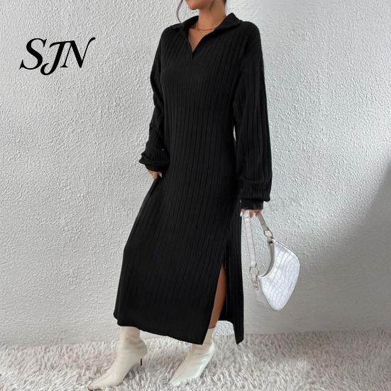 Ribbed Sweater Dress Women Knit for Fall Winter, Long Sleeve with Elegant Dresses Side Split, Solid Color Casual Collared V Neck Midi