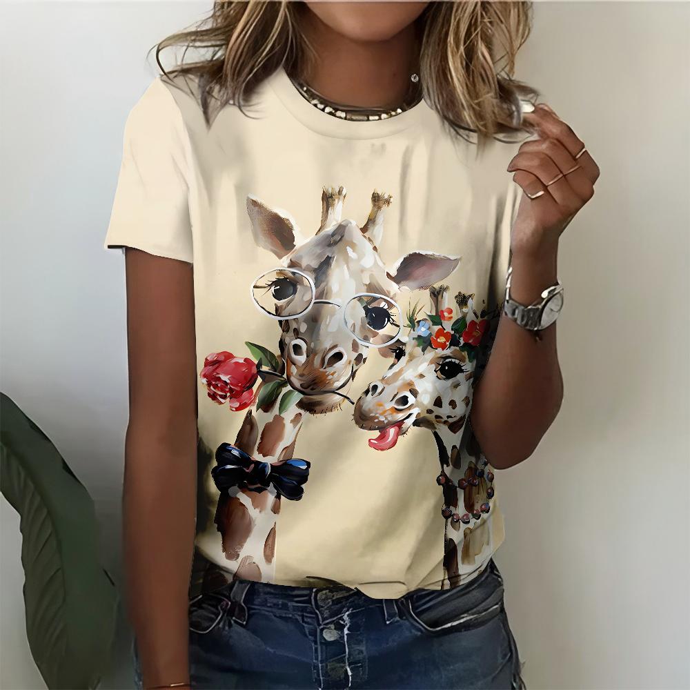 Fun and Fashionable Cartoon Giraffe Pattern Casual And Personalized Beige Base Color Short Sleeve