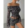 New Spring Women's Sexy One-shoulder Long-sleeved T-shirt Leopard Print Off-the-shoulder Top