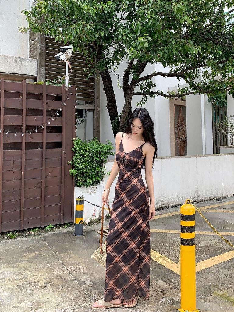 French Lattice Strap Dress: Slimming, Waist-Cinched Retro Summer Beach Dress for Pear-Shaped Women