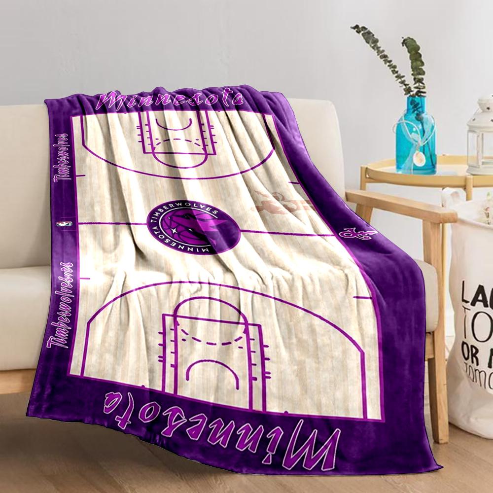 Basketball Court Design Blanket with Minnesota Timberwolves Logo Blanket, Suitable for Use In the Bedroom, Living Room, On the Sofa