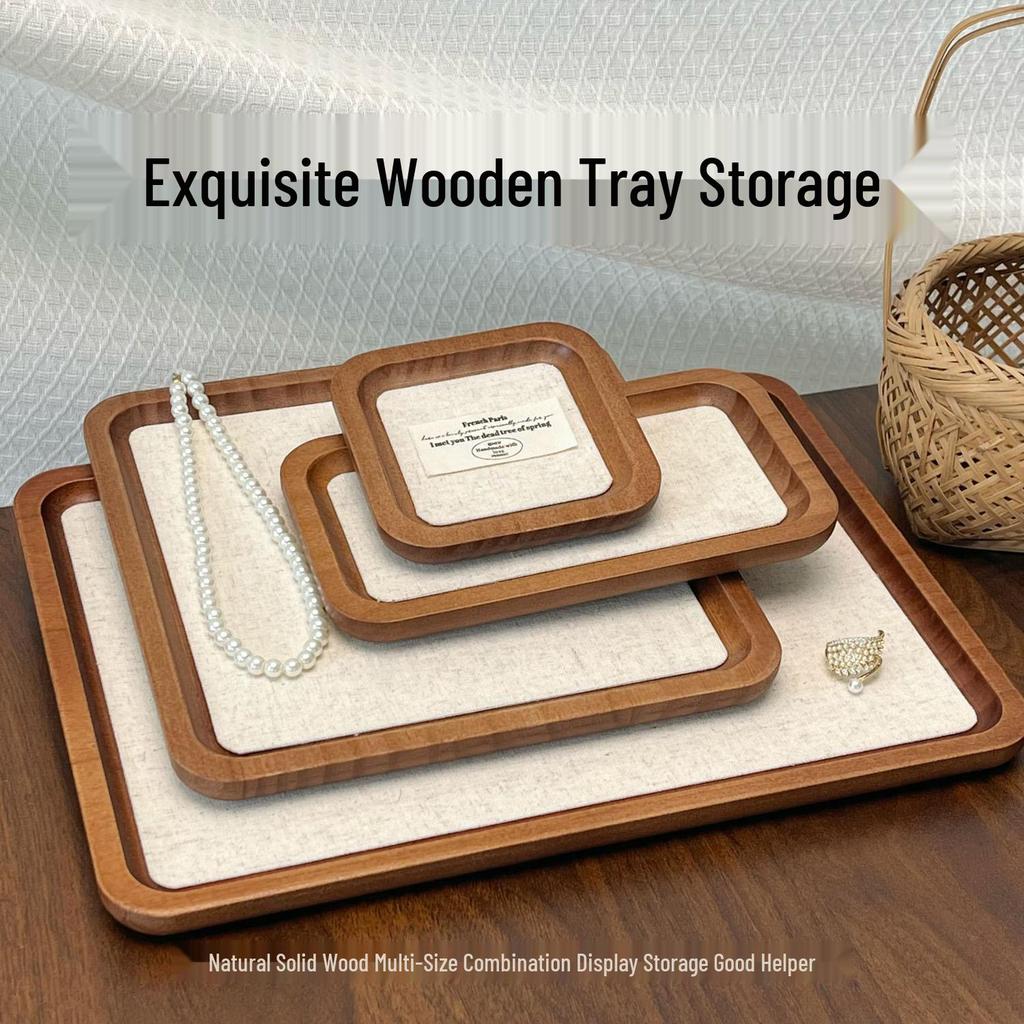 Walnut Jewelry Tray: Pearl Necklace Storage & Linen-Style Display Stand for Props & Photography