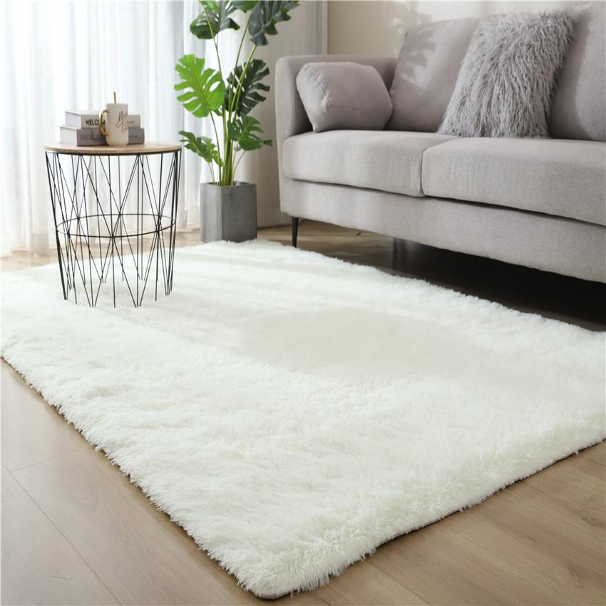 Long Pile Silk Wool Carpet - Full Coverage Bedroom and Living Room Rug, Solid Color