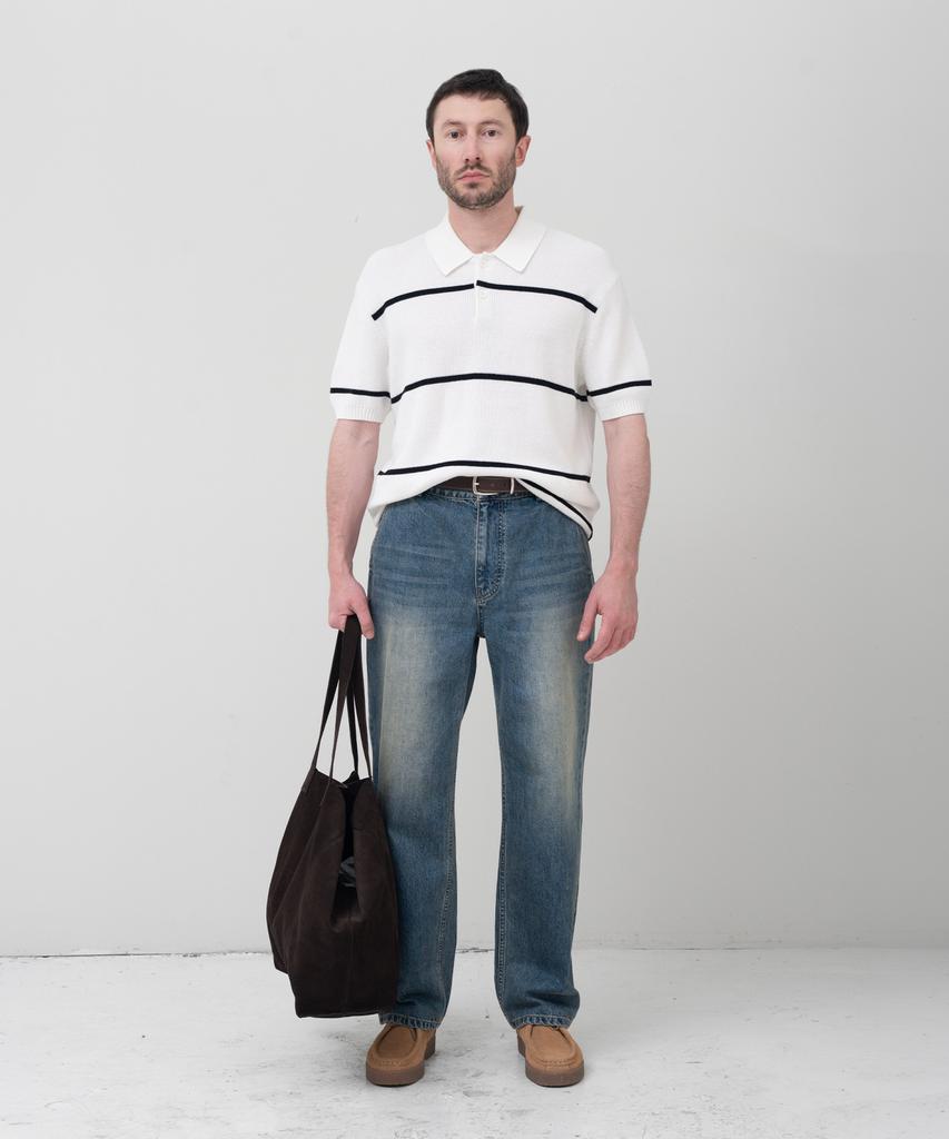 MANNERGRAM Textured Striped 100% Cotton Polo Short Sleeve Knit White