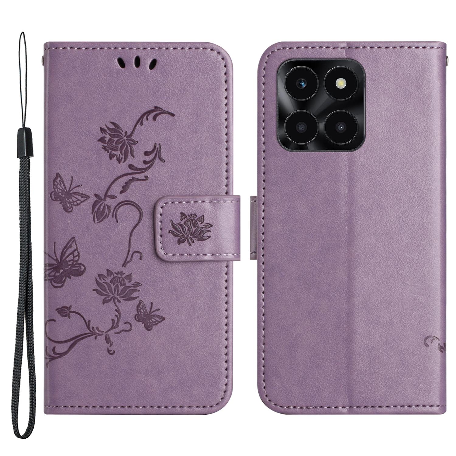 

For Honor X6a 4G PU Leather Wallet Phone Case Butterfly Flower Imprinted Stand Cover Purple