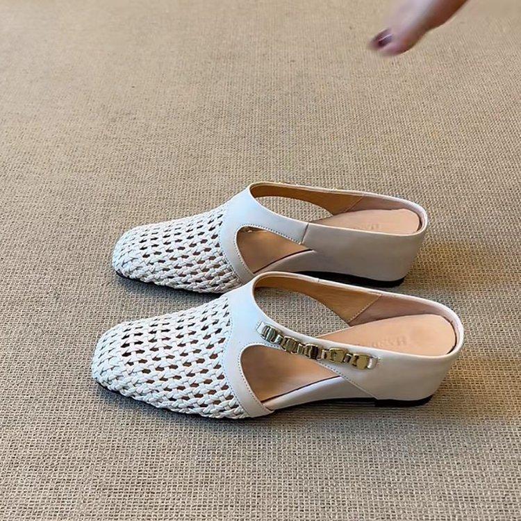 

Sheepskin version inner height increase 7CM woven hollow bag head half slippers outer wear breathable skirt platform sandals women 40 абрикосовый