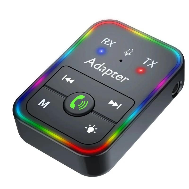 

Автомобильный 2 в 1 Беспроводной Bluetooth 5.3 Передатчик или Приемник RGB Подсветка Громкая Связь с Микрофоном 3.5 мм AUX Разъем Аудиоадаптер MP3-плеер чёрный