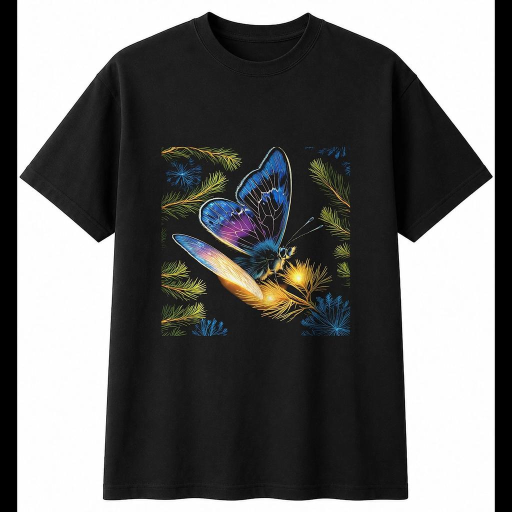 Colourful Common Blue Butterfly in the Pines Mens T-Shirt Nature Black Printed