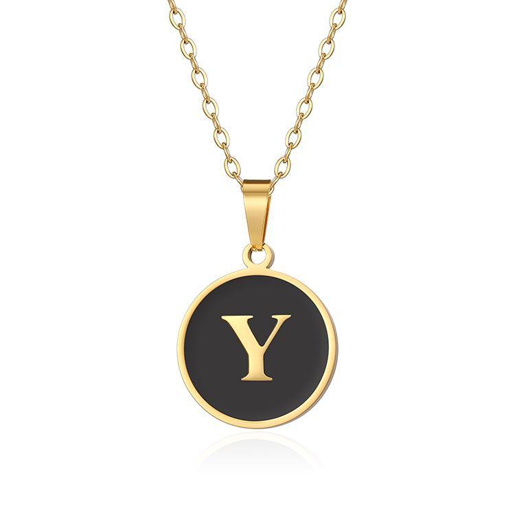 English letter oiled necklace, European and American trend titanium steel chain, round gold letter pendant collarbone chain