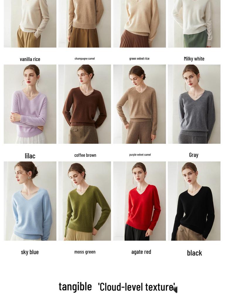 Women's V-Neck Pure Cashmere Sweater - New Style, Solid Color, Warm Long Sleeve Pullover