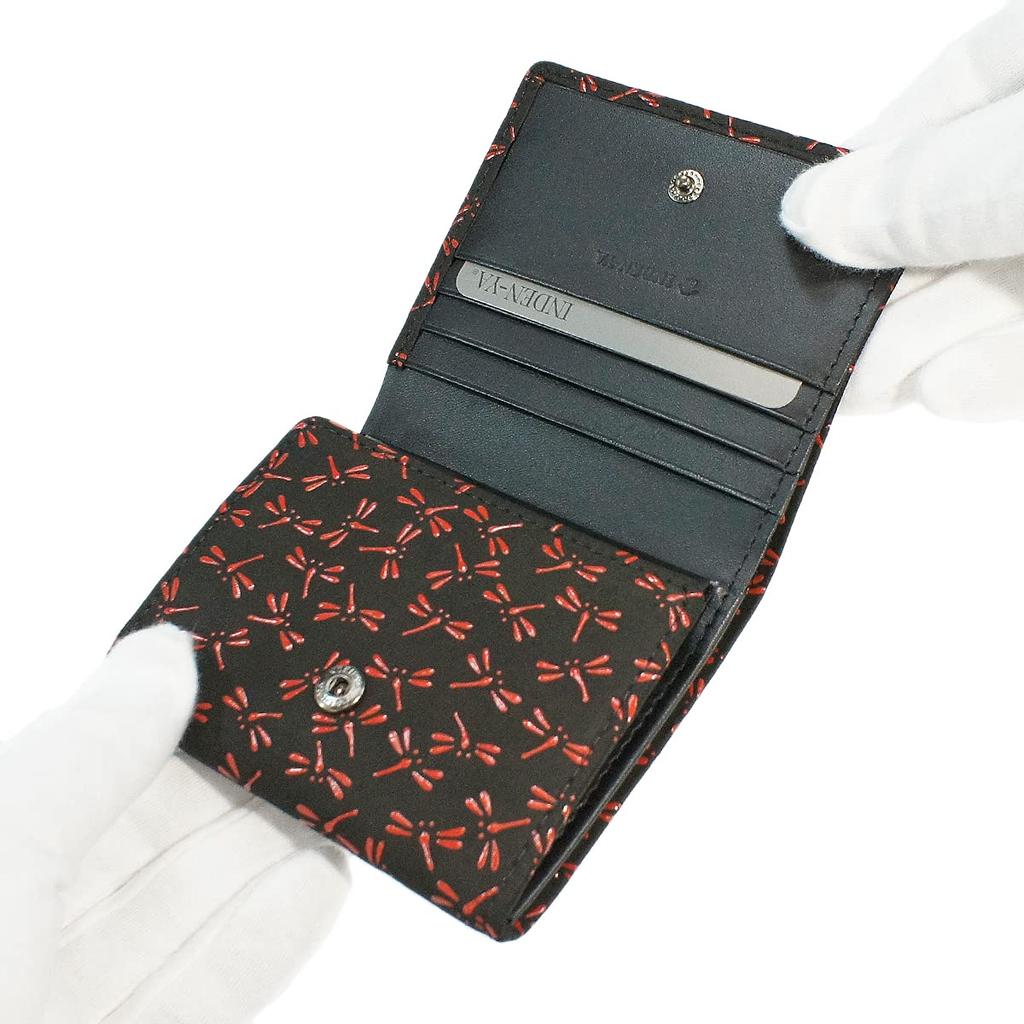 Inden Bill Compartment Coin Black with Red Dragonfly [Inden-ya] Bi-fold Wallet, H, Box-type Purse, Deerskin, Lacquer, Pattern, 2204-21-008