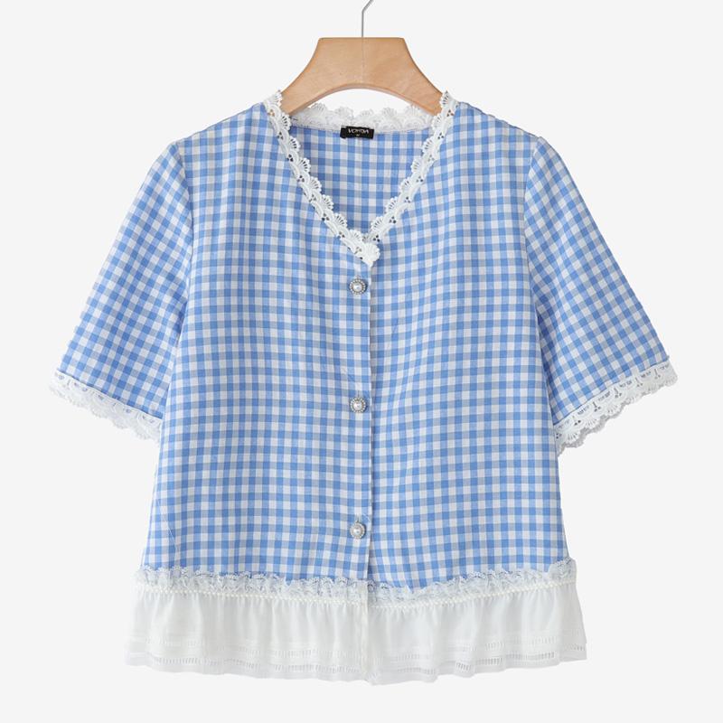 VONDA Women V Neck Short Sleeve Lace Crochet Patchwork Buttons Plaid Casual Blouse