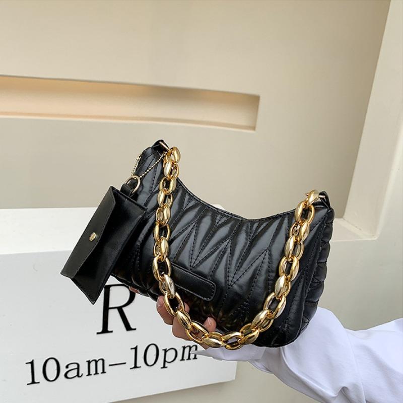 Quilted Ruched Crescent Bag, Fashion Chain Shoulder Bag, Women's Handbag with Coin Purse for Summer Every Day