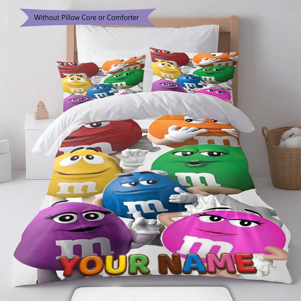 M&M's Bettwäsche mit individuellem Namensmuster, Steppbett-Set, Bettbezug, Kissenbezug, Heim-Geburtstagsgeschenk(1 Bettbezug + 2 Kissenbezüge, ohne Füllung)