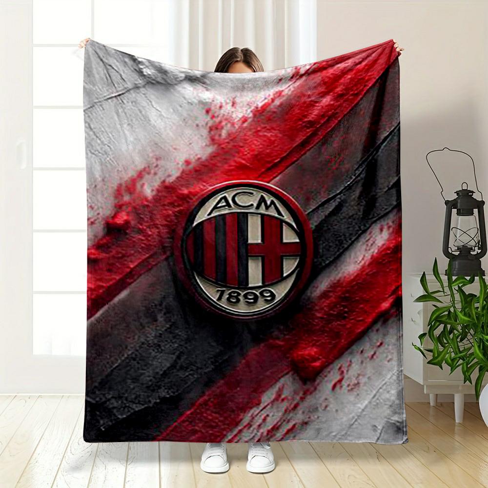 AC Milan Emblem Red and Black Printed Flannel Blanket for Bedroom, Living Room, Sofa, and Nap