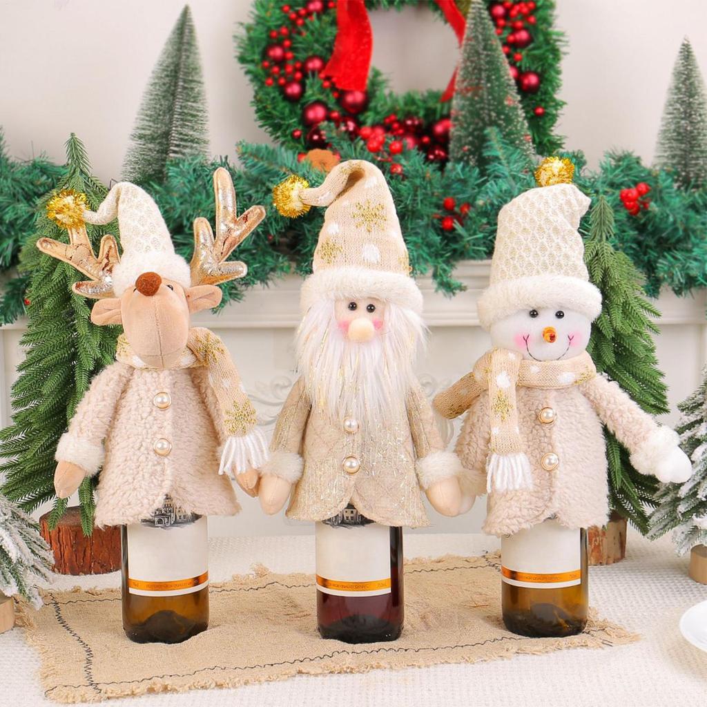 Santa Claus Doll Wine Bottle Cover Christmas Snowman Deer Doll Design Wine Bottle Cover Beer Bottle Topper Cover Decoration