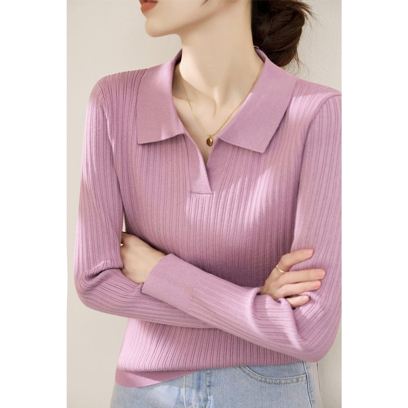 

Fashion Fancy Long Sleeves Slim Fit Sweater Base Minimalist Winter New Arrival Polov Collar Top Women s Knitwear Taro purple [high quality fabric]] L