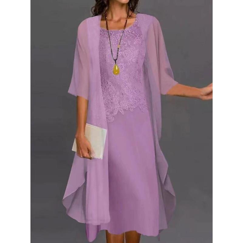 Women's Lace Layered Midi Dress with Flared Sleeves In Multiple Colors