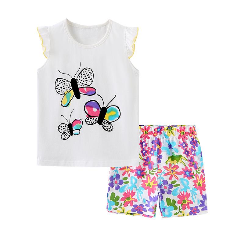 

Girls Cute Summer Two-Piece Set: European & American Fashion, Short-Sleeve Knitted Cotton T-Shirt and Printed Bottoms. 2Y (90 cm)