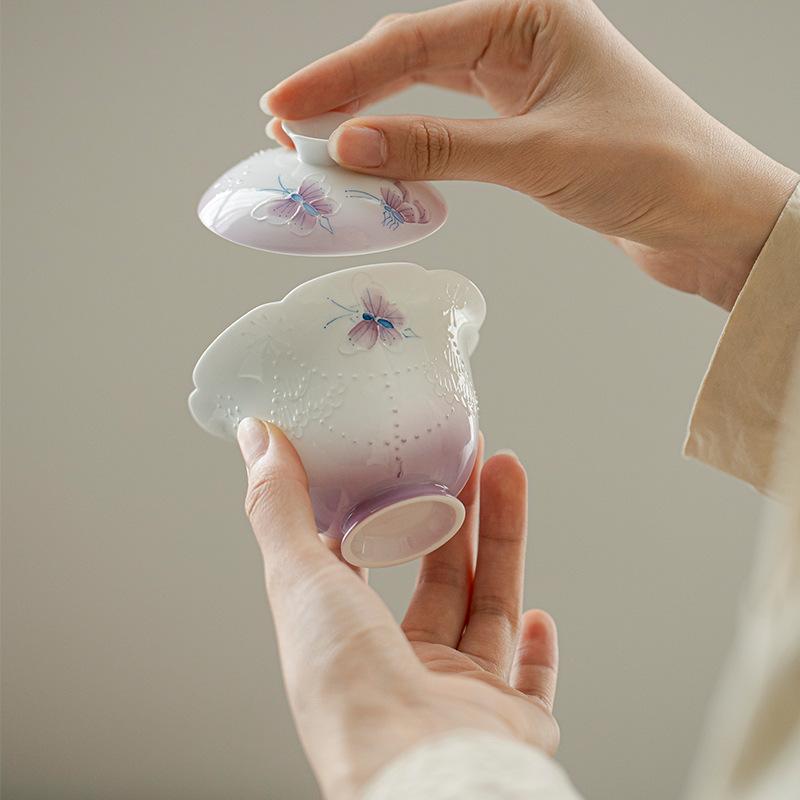 Hand‑painted Arita‑ware Gradient Purple Beaded‑Curtain Butterfly Gaiwan Ceramic Tea‑brewing Bowl Gongfu Tea Set Holiday Gift