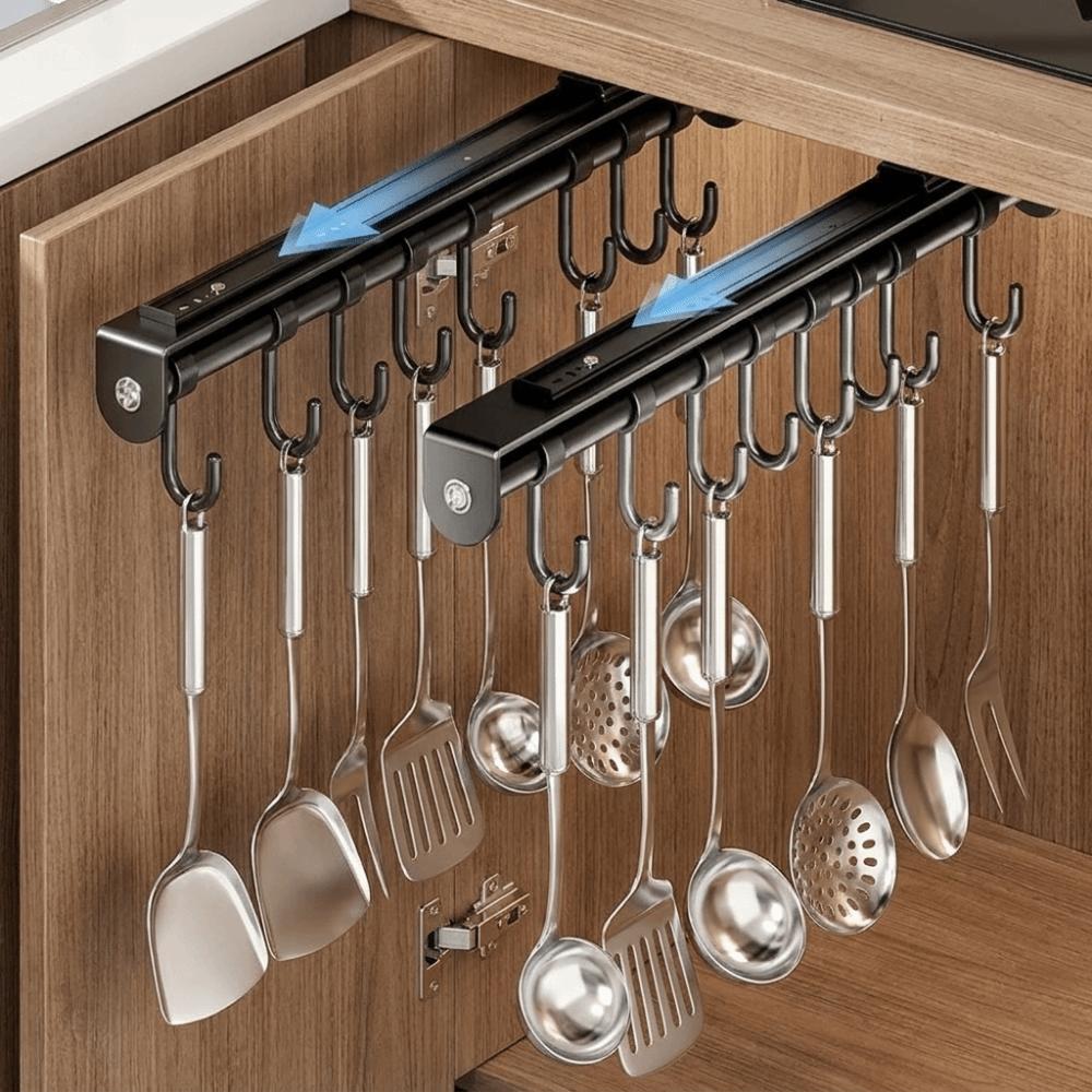 Wall Mounted Under Cabinet Utensil Rack Multi Hooks Retractable Utensil Holder for Kitchen