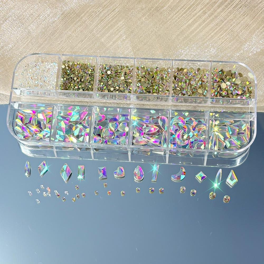 12 Grids 3D Nail Art Rhinestones Flat Bottom Square Rhombus Nail Art Charms Five-pointed Star/Heart Mixed-Shapes