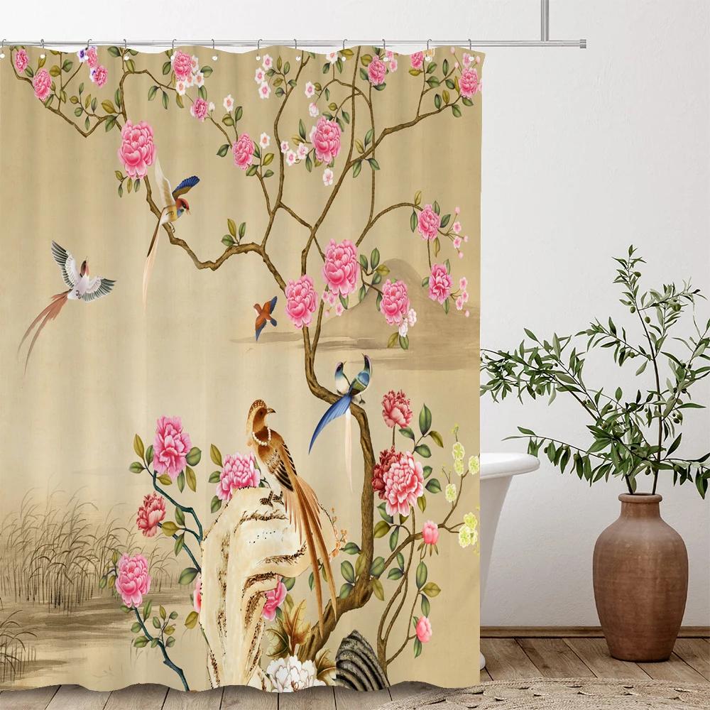 Floral Shower Curtain, Flowers and Birds Texture Fabric Waterproof Bathroom Curtains with Hooks Bathroom Decor Curtain