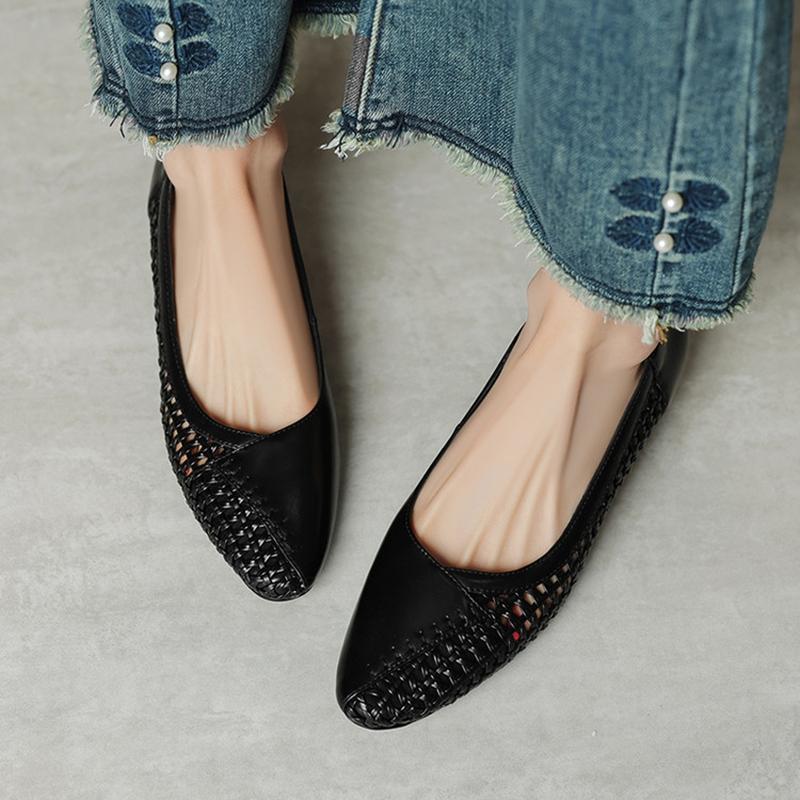 Mode NY Vår/Höst Dam Pumps Rund Tå Klumpig Klack Skor Spaltläderskor för Kvinnor Koncisa Väv Slip-on Handgjorda Skor