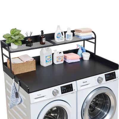 Washer Dryer Countertop with Shelf, 137 X 69.9 Cm Wooden Washer and Dryer Topper with Edge and 2 Hooks