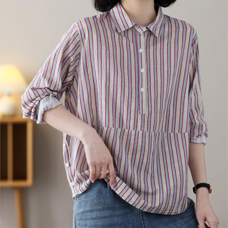 

Johnature женские повседневные полосатые рубашки топы на пуговицах свободные с длинным рукавом с отложным воротником весенние блузки в корейском стиле